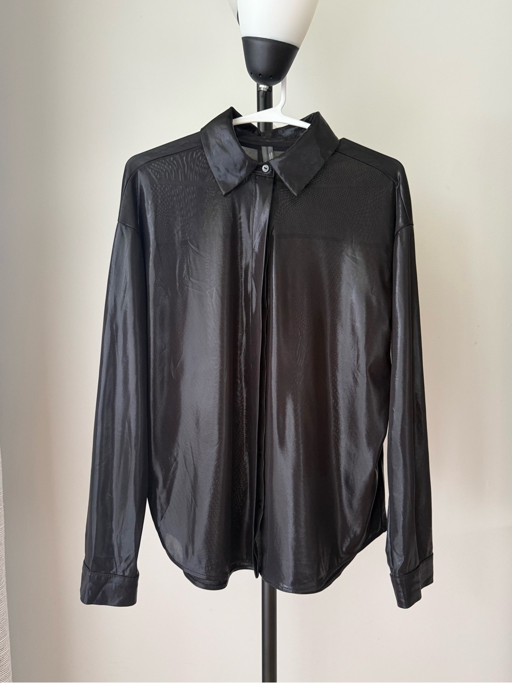 Anthropologie Black Lightweight Shiny Button-Front Shirt  L